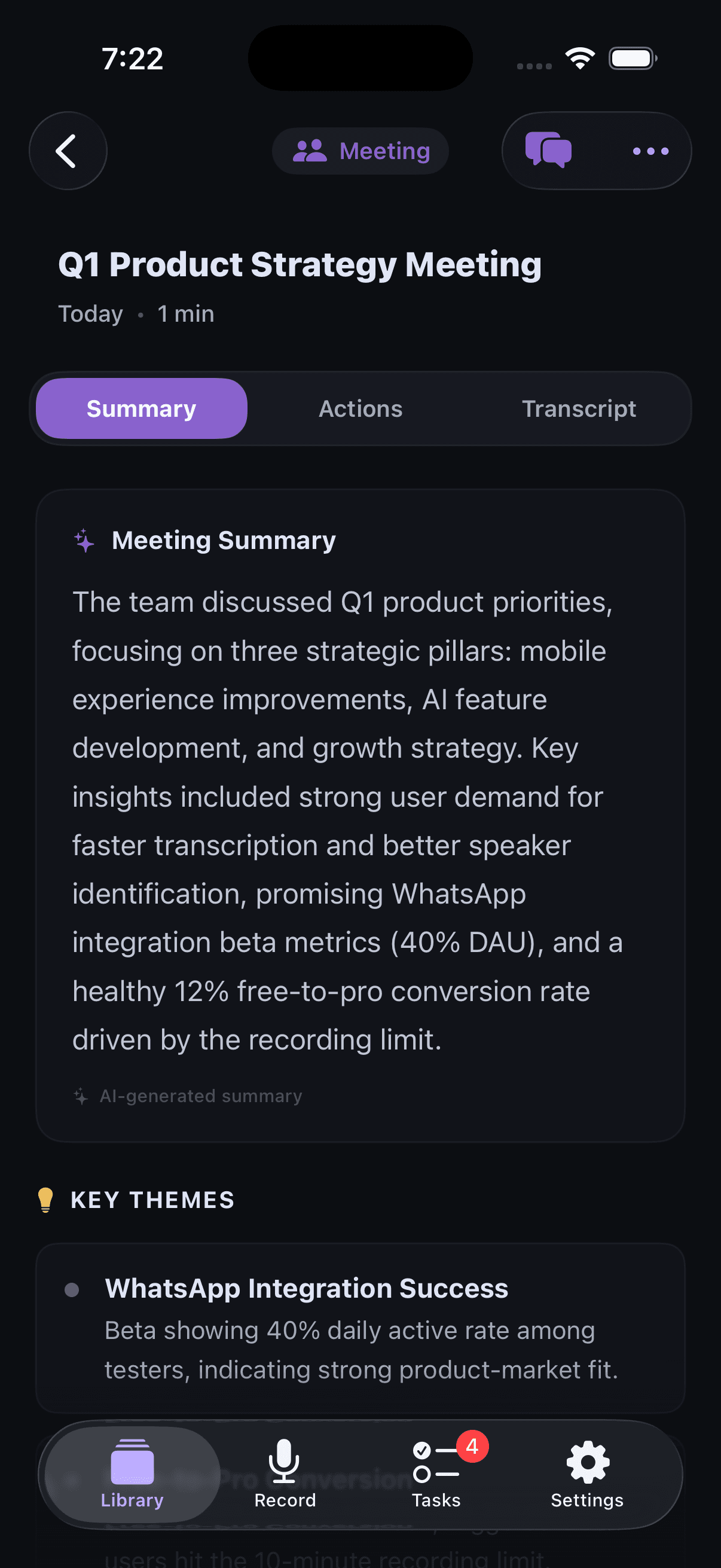 Memoth summary screen in dark mode