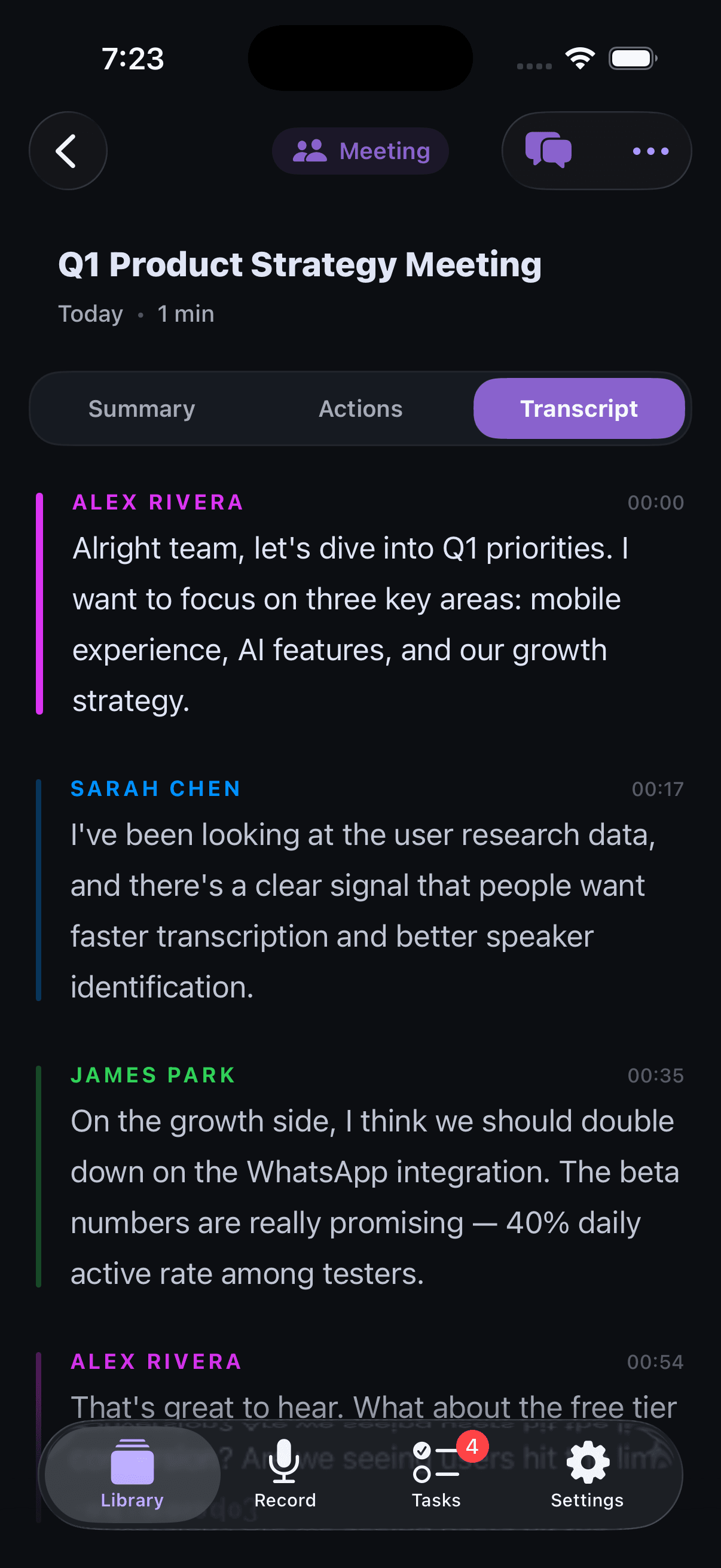 Memoth transcript screen in dark mode