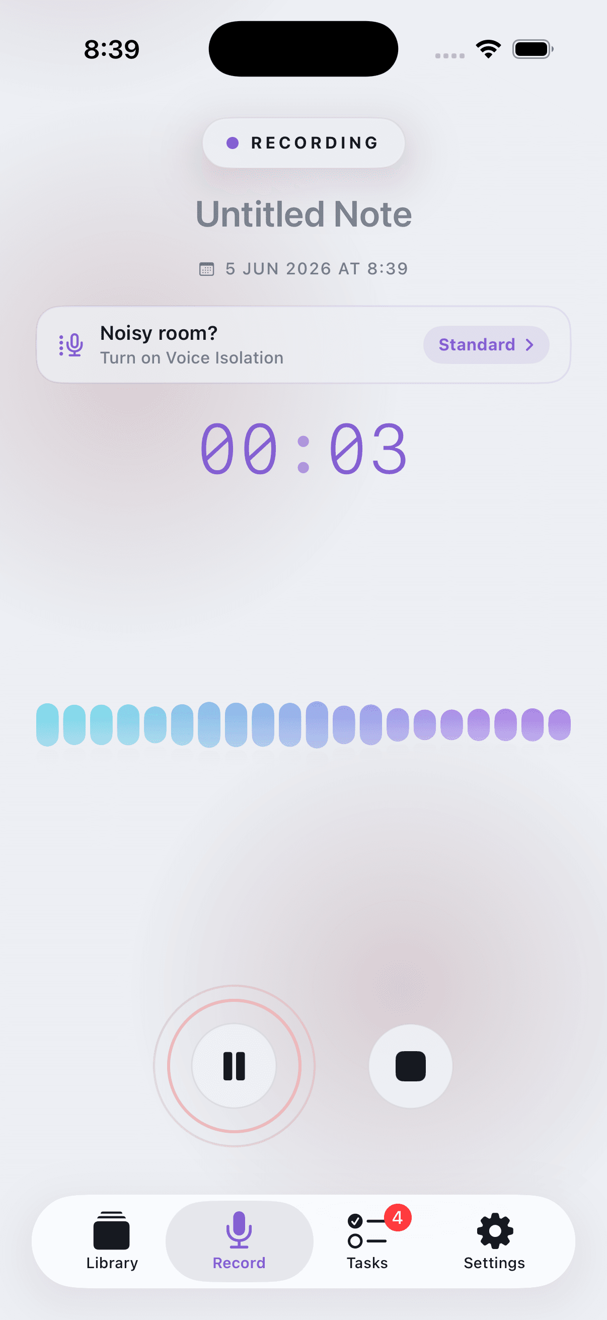 Memoth record screen in light mode