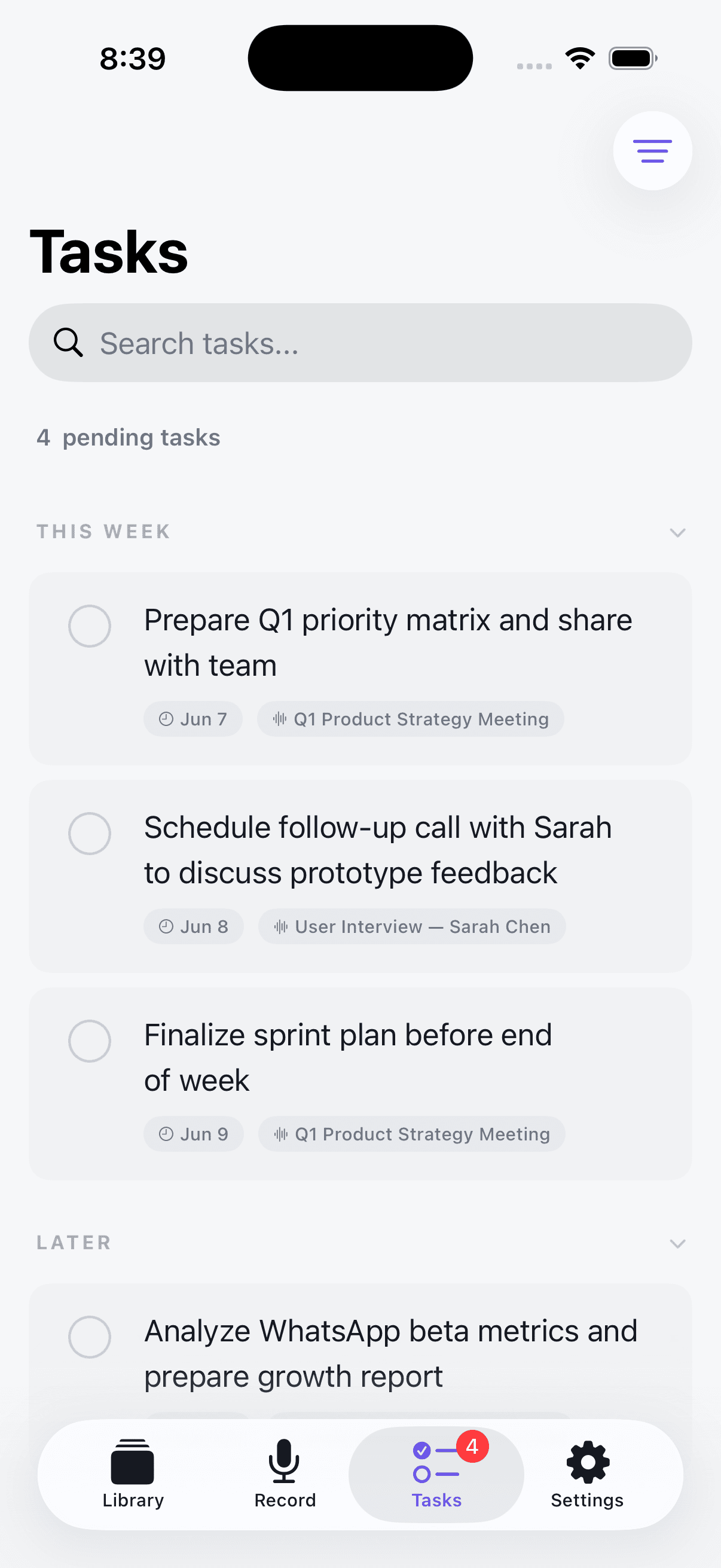 Memoth tasks screen in light mode